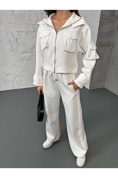 Elif Özbey Butik White Pocket Parachute Detailed Scuba Double Suit