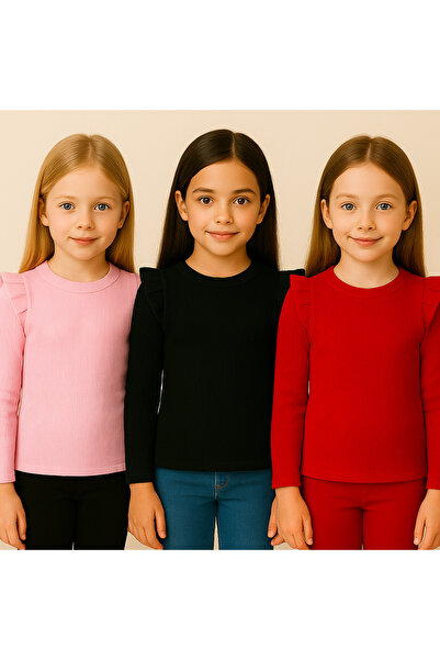 özge başaran Girl's 3-Piece Long Sleeve Ribbed Bodysuit Set - Pink, Black, Red - Ruffle Detailed Soft