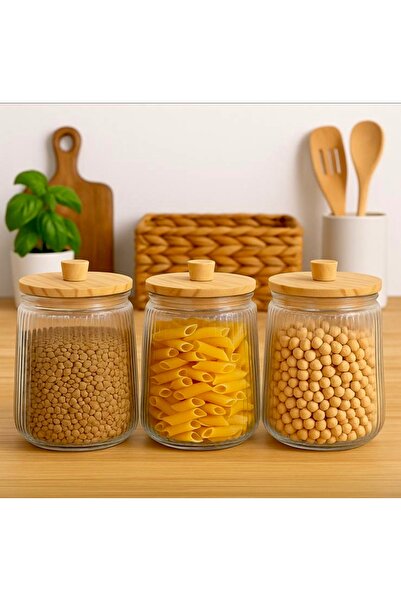 Kitchen Pembelia 3-Piece Bamboo Vacuum Lid 1300 Cc Legume Storage Jar Tea Sugar Salt Jar