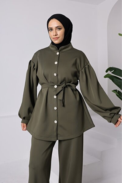 New Lune Black Scuba Fabric Bottom Top Set, Full Buttoned, Belted Women's Hijab Suit, Modern Comfortable Fit