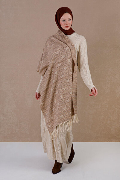 HERCHES Heart-Patterned Wool Winter Scarf - Cream