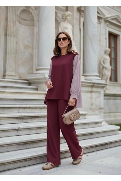 Aselim Hijap Moda Merina Double Suit – Burgundy with Striped Shirt Detail