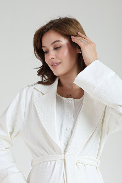 Lohussa Women's Ecru Jacquard Shawl Collar Full Length Winter Long Sleeve Special Design Maternity Nightgown Nightdress Set