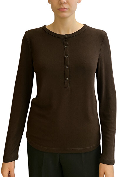 Qualia Butik Women's Button Detailed Soft Textured Long Sleeve Blouse