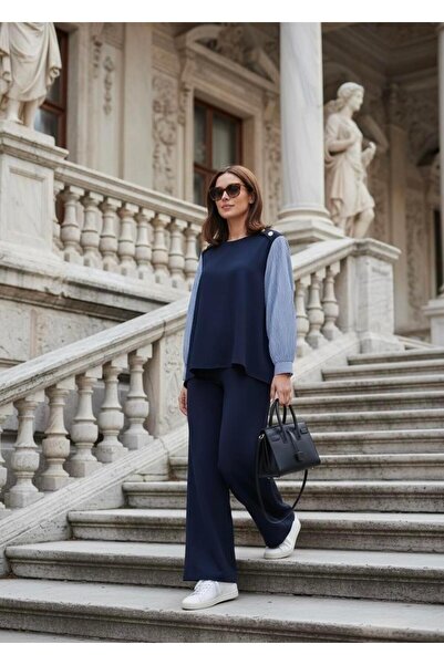 Aselim Hijap Moda Merina Double Suit – Navy Blue with Striped Shirt Detail