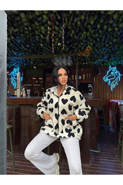 Lirviya Palton cu fermoar din lână cu model de inimă