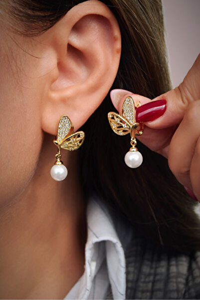 Sacce Scarves&Accessories Zirkon Kelebek Detaylı İncili Küpe – 14K Gold Kapla...