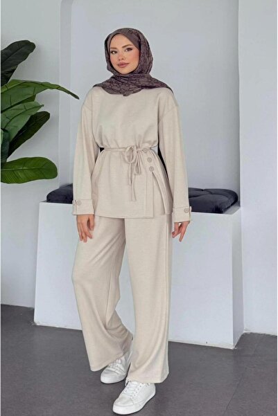 New Lune Women's Top and Bottom Set, Tie-Waist, Button Slit Detail, 2-Thread Knitted Fabric, Comfortable Fit