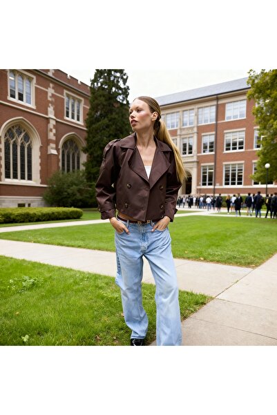 STYLENEST Short Brown Women's Trench Coat - Double-Breasted, Stylish and Modern Cut Jacket