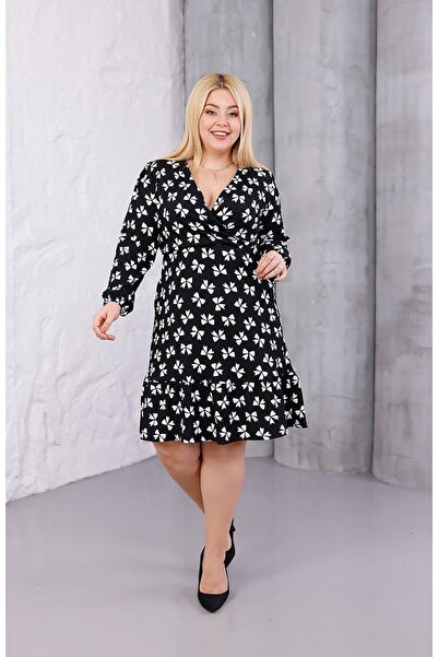 Truva XXL Plus Size Wrinkled Fabric Double-Breasted Collar Floral Pattern Knee Length Dress