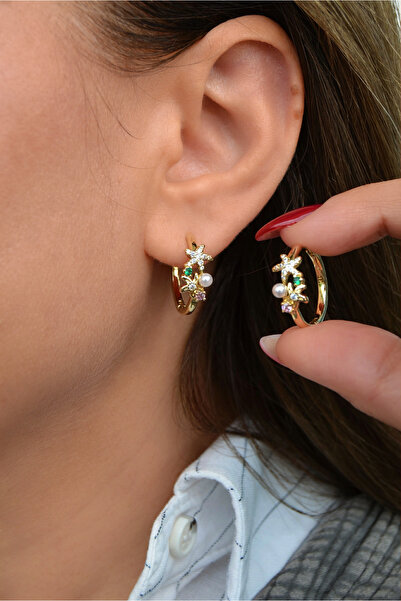 Sacce Scarves&Accessories Deniz Yıldızı Detaylı İncili Halka Küpe – 14K Gold Rodyum Kaplama Zirkon Küpe (20 mm)