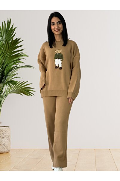 YusGos Women's Long Sleeve Teddy Bear Crew Neck Knitwear Sweater Pants Set