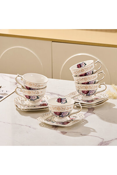 Malooki Set of 6 Cups 'Rhapsody of Roses' – Cut-out Square Saucers – 180 ml