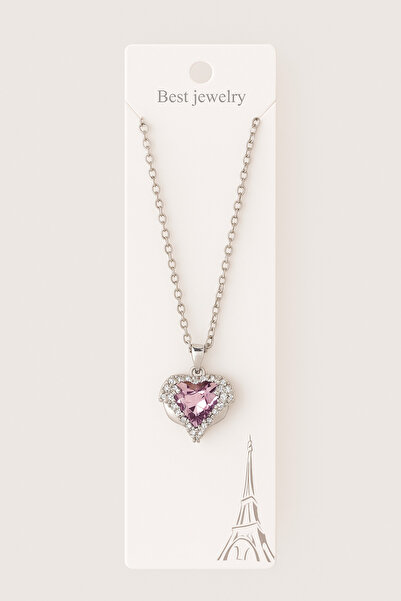 stainles steel Kristal Mor-Gümüş Kalpli Çelik Kadın Kolye