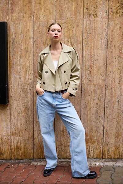 STYLENEST Short Sage Green Women's Trench Coat - Double Breasted, Stylish and Modern Fit Jacket