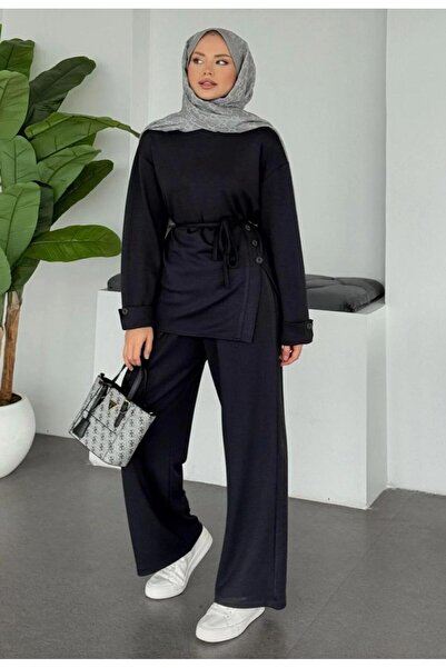 New Lune Women's Top and Bottom Set, Tie-Waist, Button Slit Detail, 2-Thread Knitted Fabric, Comfortable Fit