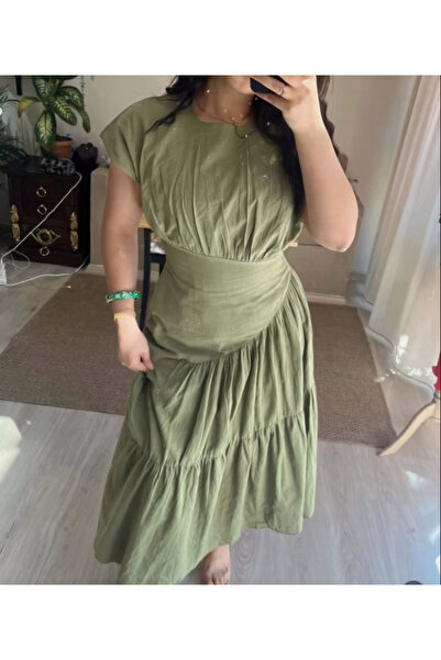 Maison MeDa فستان ماكسي من الكتان الأخضر متعدد الطبقات