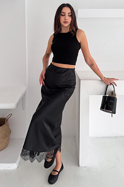 Noa Noa Fusta lungă din satin cu detalii din dantelă pentru femei – Elegant Touch