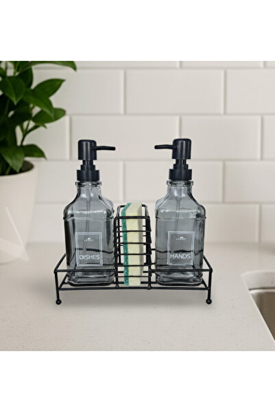 IVORY 2'li Metal Stantlı Cam Sıvı Sabunluk + Sünger. Antrasit 500 ml