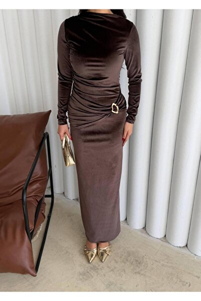 maf collection Women's Brown Velvet Long Evening Dress with Gold Buckle Detail