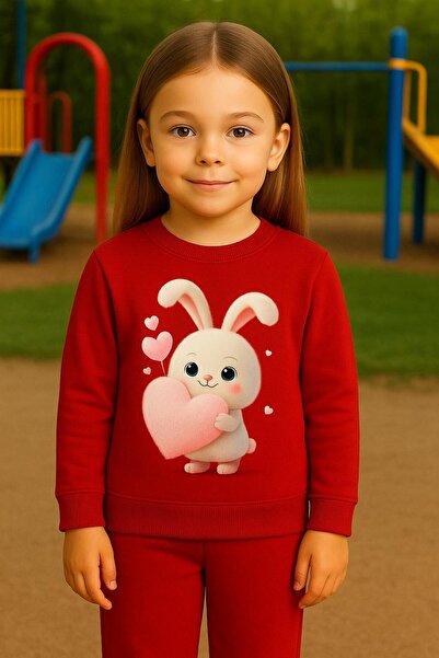 playwear طقم سويت شيرت رياضي بنمط أرنب يحمل قلبًا وردي اللون للأعمار 3-4-5-6-...