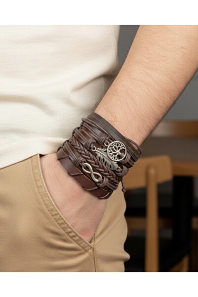E&F Takı 6-Piece Genuine Leather Bracelet with Infinity Leaf Tree of Life Fig...