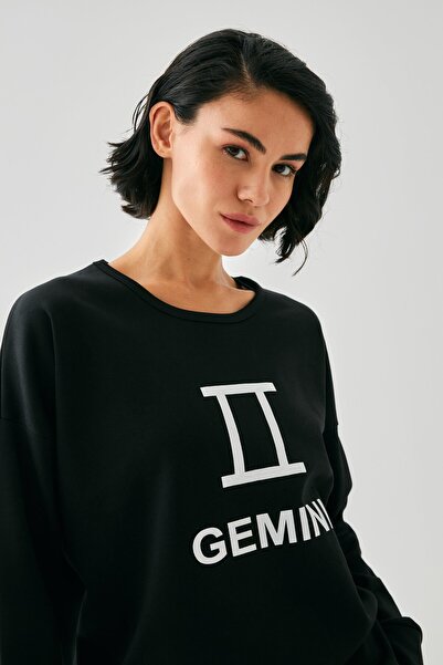 Akbeniz Women's Black Gemini Zodiac Sign O Oversized 2 Thread Tracksuit Home Wear Set