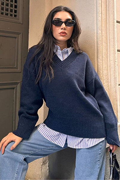 Cherry Butik Bluză pulover tricotată cu decolteu în V, lejeră