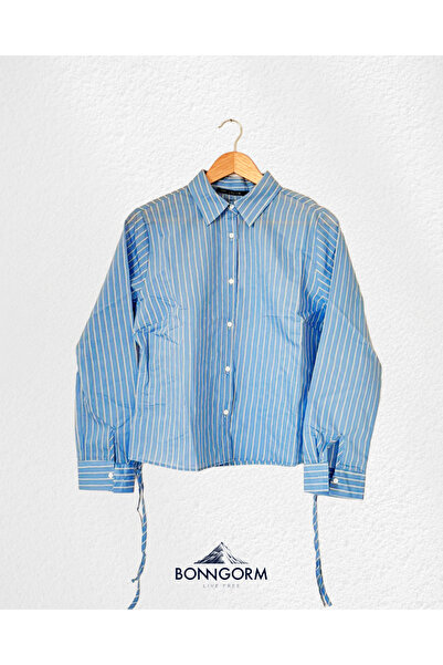 LEVURE Kadın Yan Büzgülü Bağcıklı Çizgili Gömlek