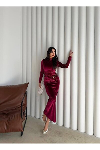 maf collection Women's Burgundy Gold Buckle Detailed Velvet Long Evening Dress