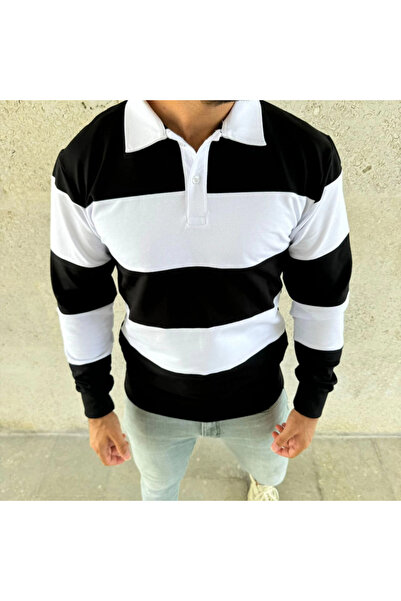 JANES Men's Polo Neck Long Sleeve Striped Sweatshirt Trend Rugby Style - Black