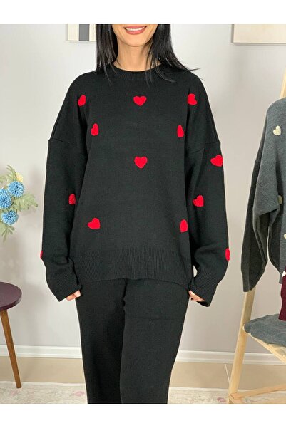 YusGos Women's Long Sleeve Heart Pattern Crew Neck Knitwear Sweater Pants Set