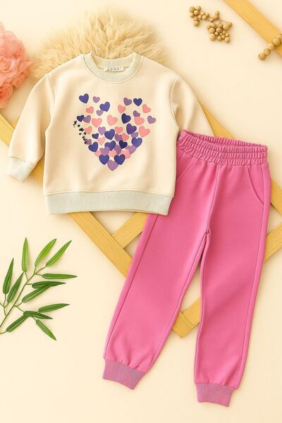 KOKOŞ BEBEK Kalp Printed Girl's Suit - 4/10 Years Old - 31545