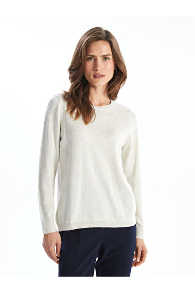 LC Waikiki طاقم الرقبة الذاتي منقوشة طويلة الأكمام سترة تريكو المرأة