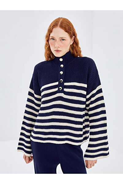 LC Waikiki نصف الياقة المدورة مخطط سترة تريكو نسائية كبيرة الحجم