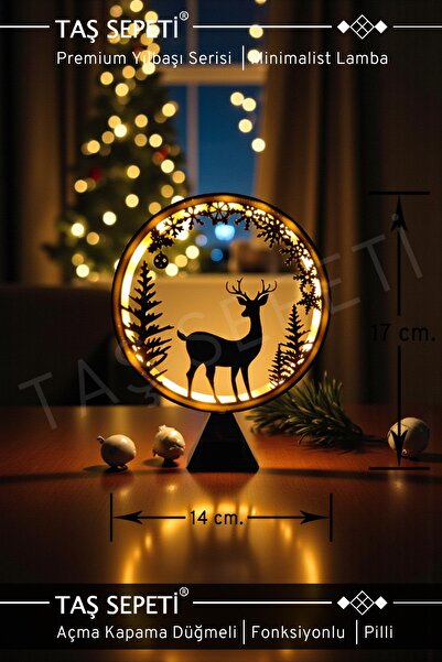 TAŞ SEPETİ Geyik ve Orman Temalı Yılbaşı Süsü Lambası | Premium Yılbaşı Serisi | Pilli | Fonksiyonlu Düğmeli