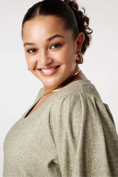 FOR ESRA BIG TREND Women's Plus Size V-Neck Shoulder Gathered Sleeve Wide Cuff Soft Textured Long Sleeve Stretchy Blouse