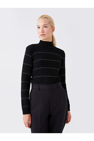 LC Waikiki Pulover de damă cu mânecă lungă cu dungi pe jumătate cu gât