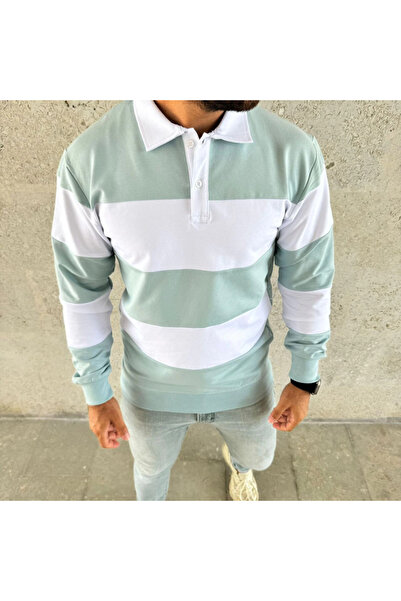 TUA MODA Tua Moda Men's Polo Neck Long Sleeve Striped Sweatshirt Trend Rugby Style - Green