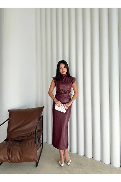 maf collection Kadın Bordo Kısa Kol Yırtmaç Ve Kemer Detaylı Midi Deri Elbise
