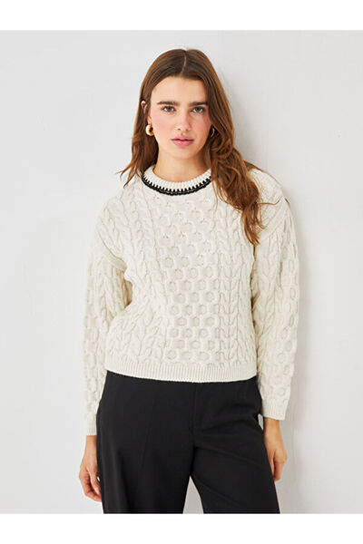 LC Waikiki طاقم الرقبة سترة تريكو المرأة منقوشة الذاتي