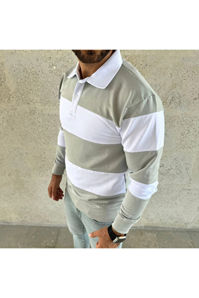 JANES Men's Polo Neck Long Sleeve Striped Sweatshirt Trend Rugby Style - Mint Green