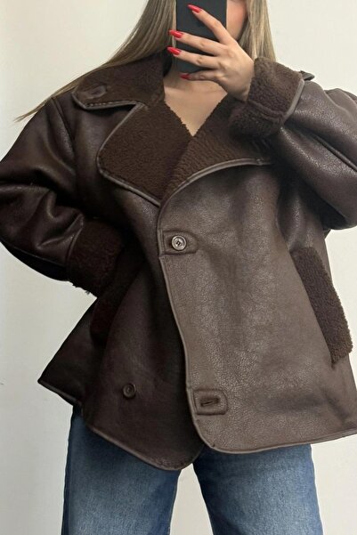 Jaglion Else Bitter Brown Women's Oversized Leather Jacket Coat