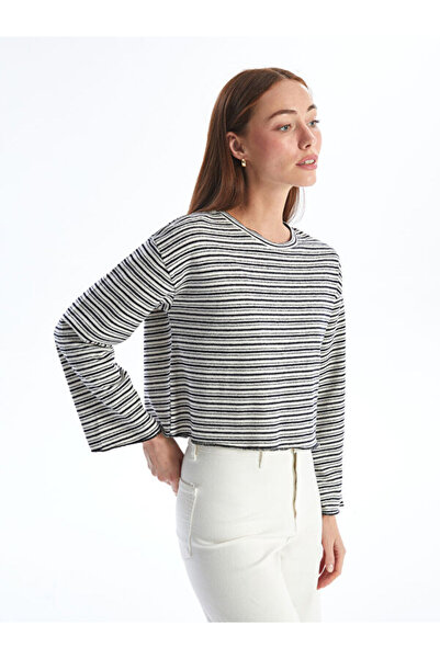 LC Waikiki طاقم الرقبة مخطط كم طويل المحاصيل سترة تريكو المرأة