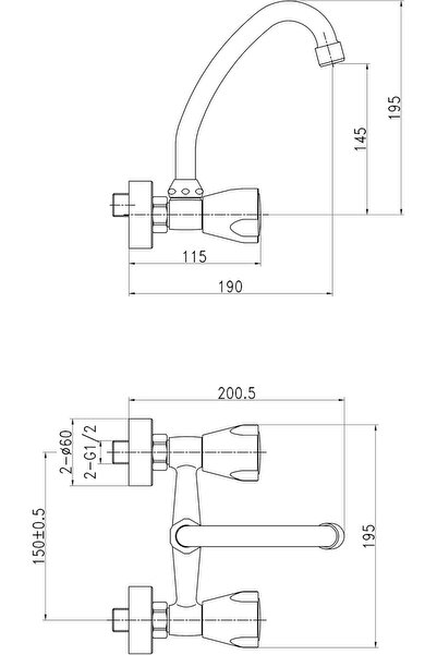 HESANIT Classic Double-Handle Wall-Mounted Kitchen Faucet with HU Spout (Model 320110710)