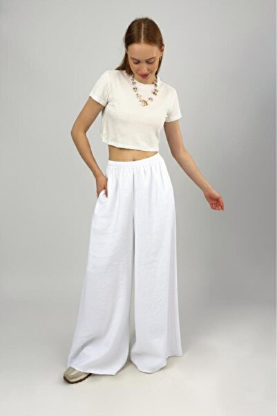 Betimoda Women's Modal High Waist Pocketed Elastic Waist Wide Leg Pants White