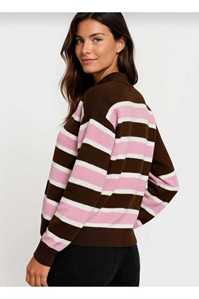 NOTCHTR Women's Striped Polo Neck Button Detailed Knitwear Sweater