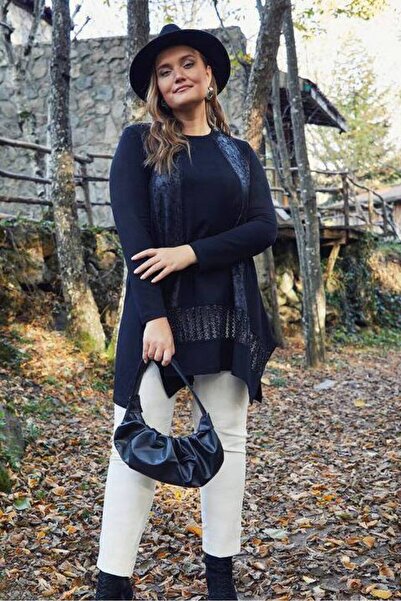 FOR ESRA BIG TREND Women's Plus Size Edges Leather-Look Stone Detail Bottom Silvery Tulle Flexible Viscose Asymmetrical Tunic