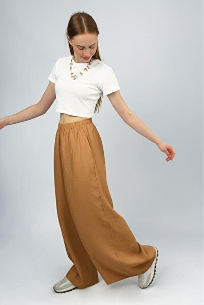 Betimoda Women's Modal High Waist Pocketed Elastic Waist Wide Leg Pants Brown