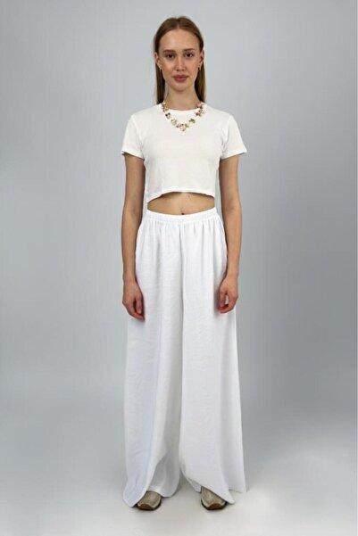 Betimoda Women's Modal High Waist Pocketed Elastic Waist Wide Leg Pants White